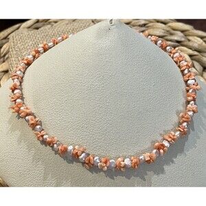 Sterling 925 Angel Skin Coral Salmon & Fresh Water Pearl Necklace 16in Beachy